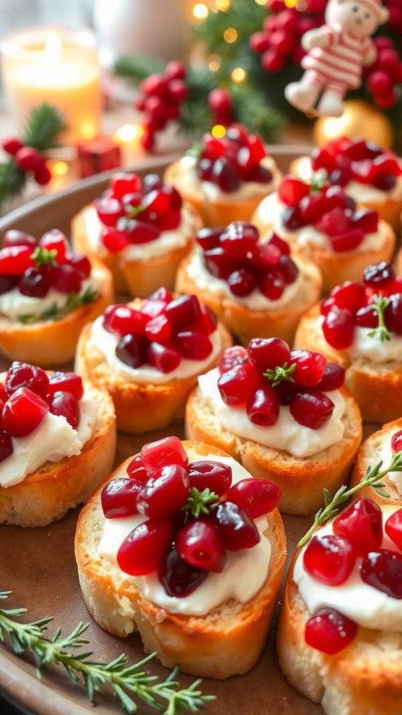 Festive Bruschetta with Cranberry and Goat Cheese Festive bruschetta with cranberry and goat cheese on a holiday platter.